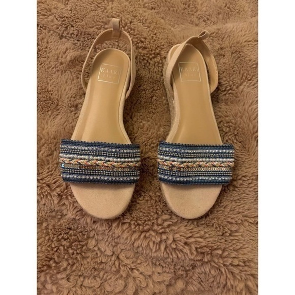 Kaari Blue Embellished Denim Espadrille Wedge Sandals Tan Blue Boho Sz 8.5